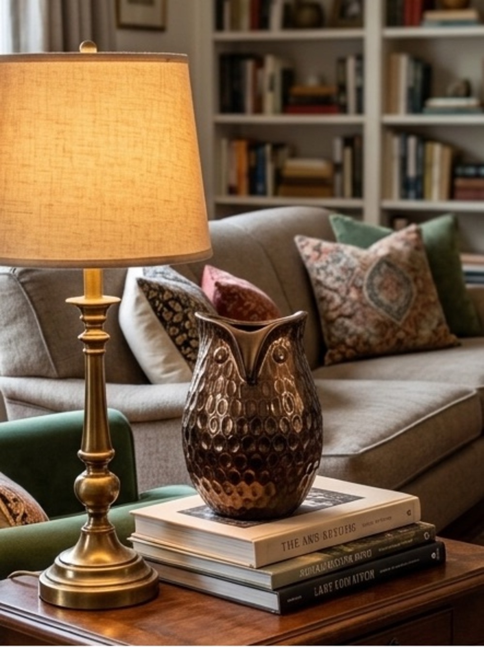 Copper/Bronze colored ceramic owl vase with a dimpled, metallic finish